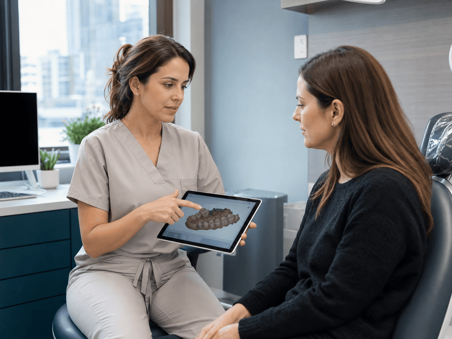 Dentista explica um planejamento digital para uma paciente